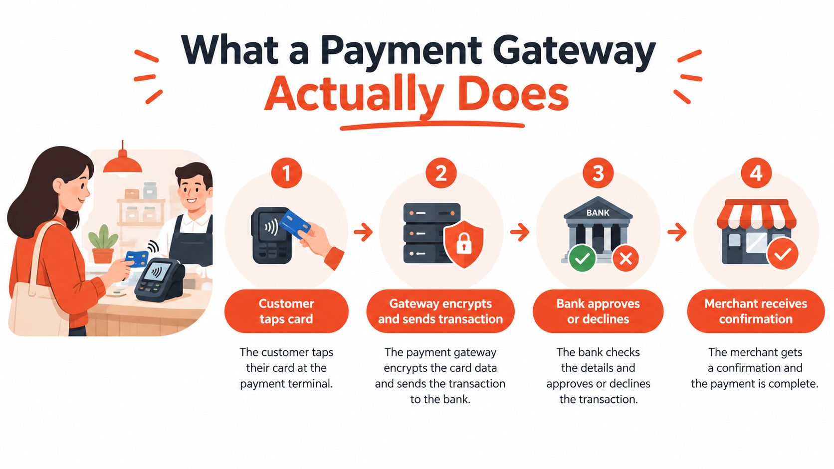 A four-step infographic illustrating how a payment gateway processes a customer card transaction in a retail store.