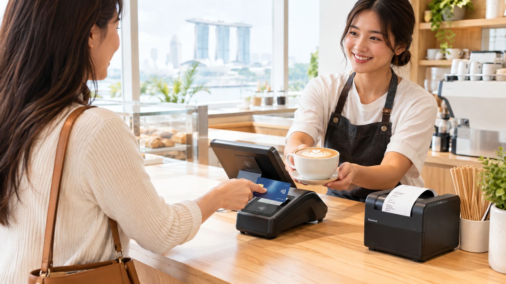 A friendly barista handing a cup of latte to a customer paying with a credit card.