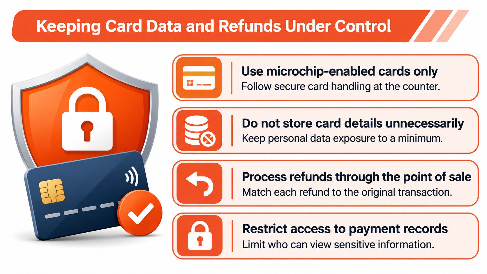 An infographic titled Keeping Card Data and Refunds Under Control illustrating four best practices for secure payments.