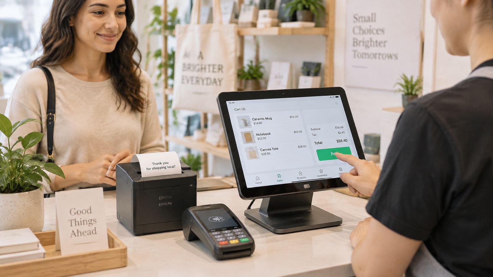 A smiling customer stands at a retail counter while a clerk processes a transaction on a digital screen.