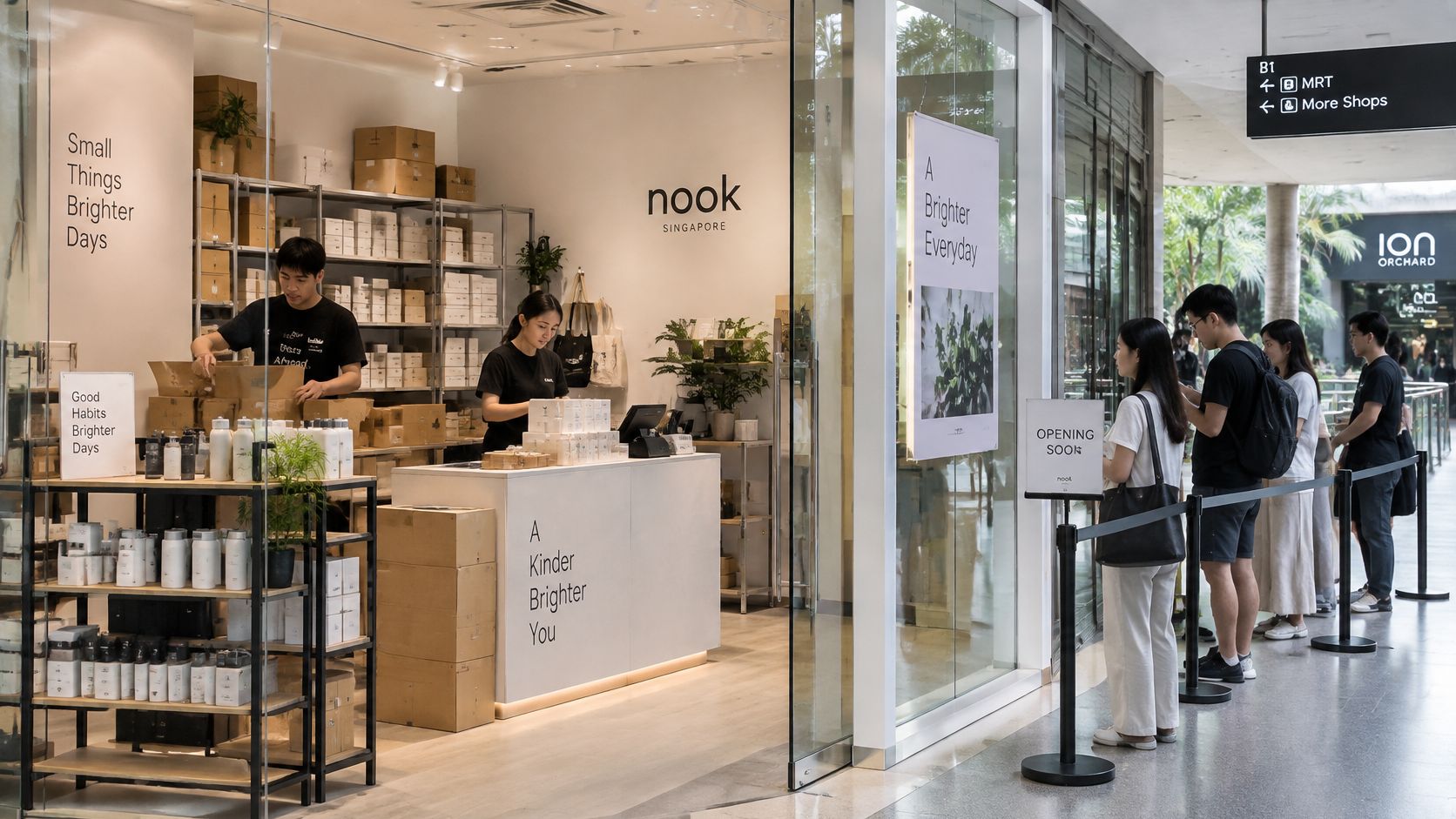 A modern, minimalist pop up store interior with customers lining up outside in an ION Orchard mall.