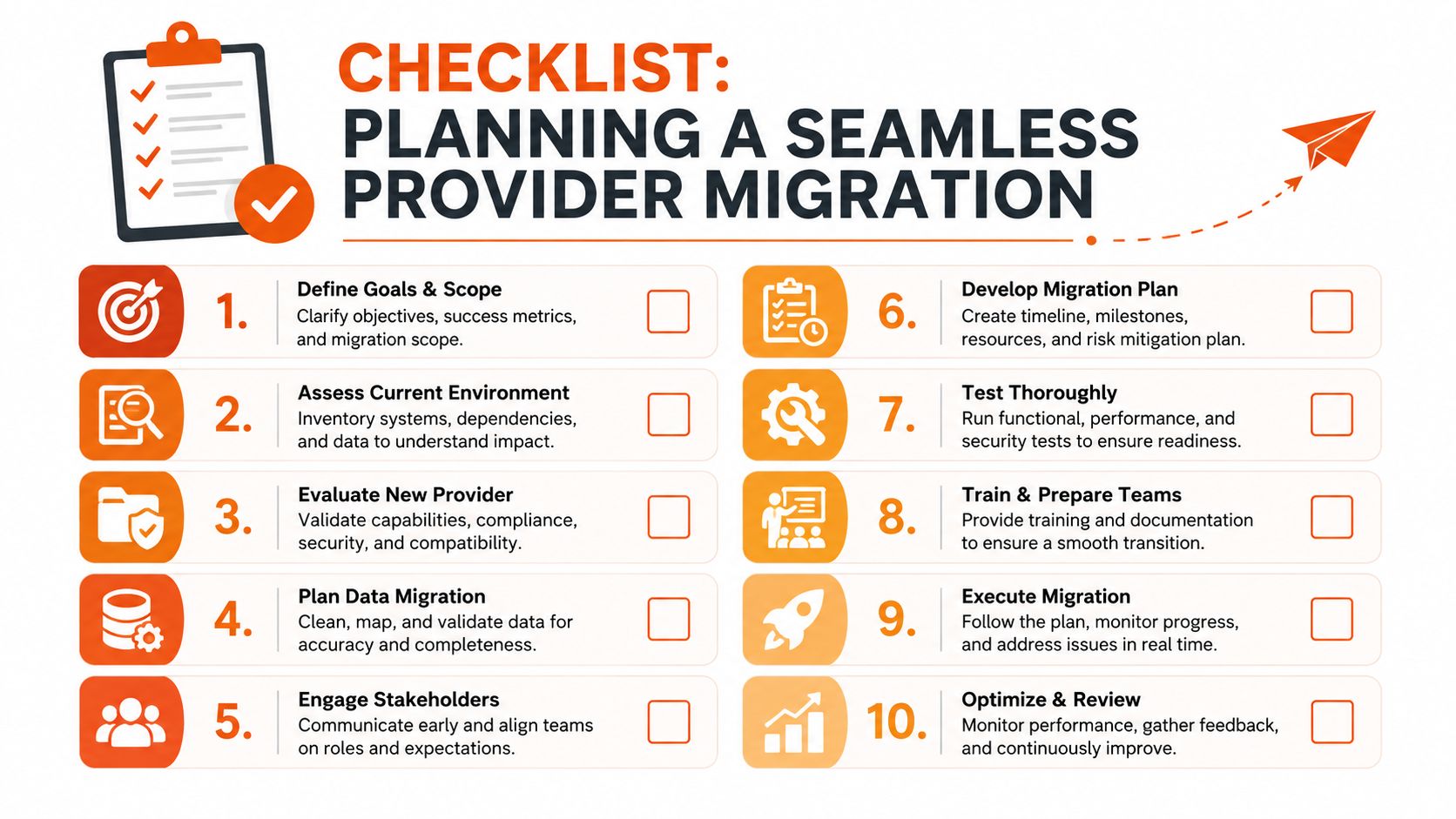 A checklist infographic titled Planning a Seamless Provider Migration outlining ten essential steps for business transitions.
