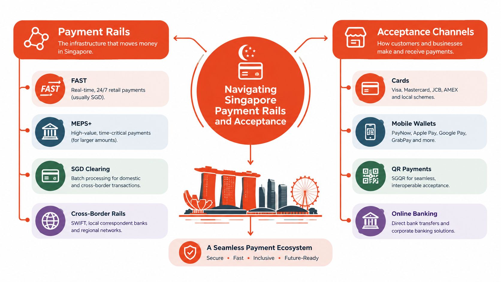 An infographic diagram explaining Singapore's payment infrastructure rails and customer-facing payment acceptance channels for businesses.