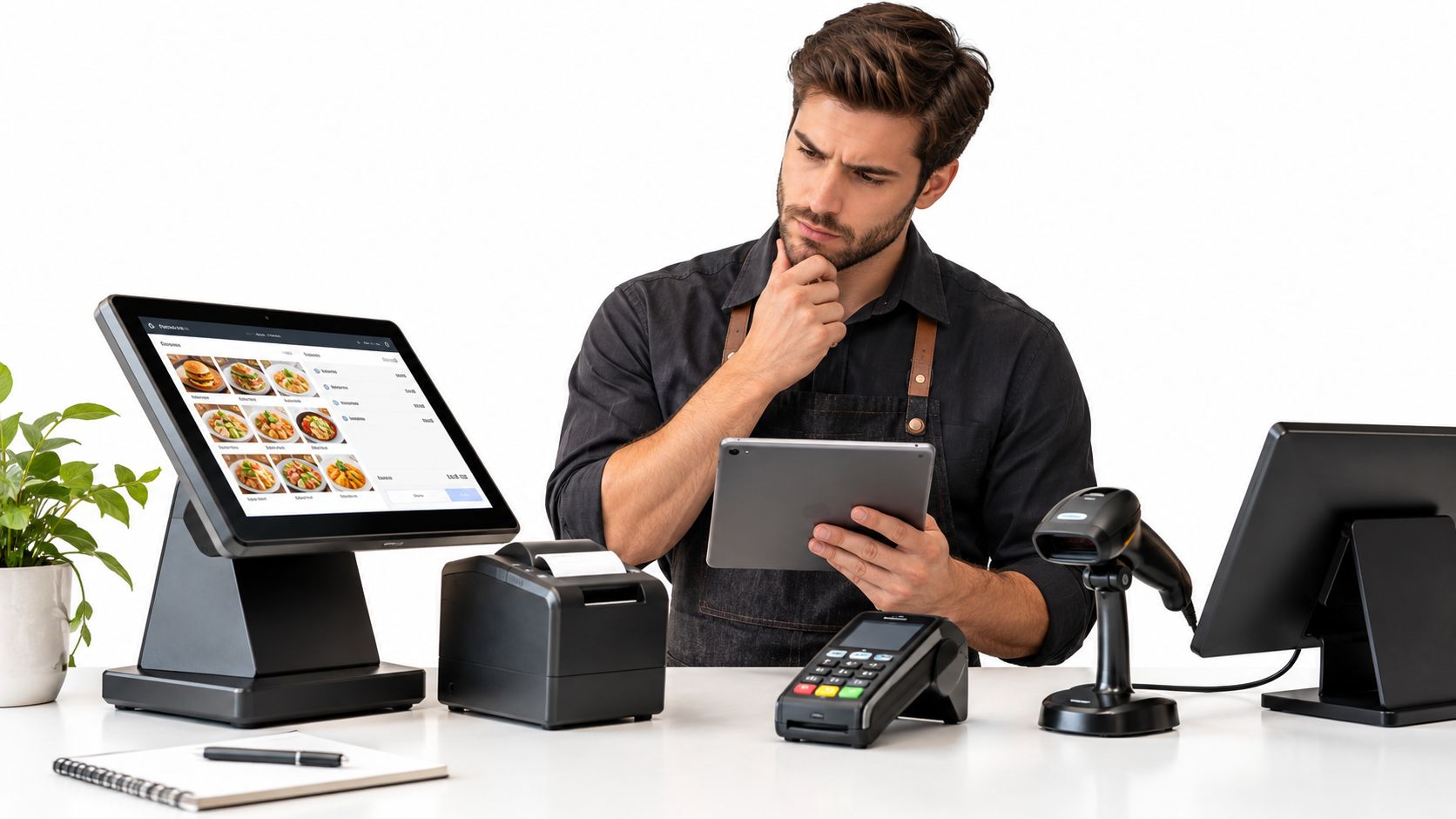 A focused man in a black shirt and apron using a tablet at a restaurant POS station.