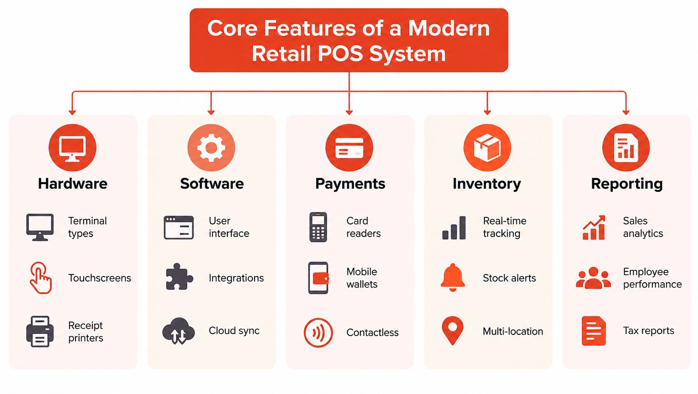 A diagram illustrating the core features of a modern retail POS system, including hardware, software, payments, inventory, and reporting.