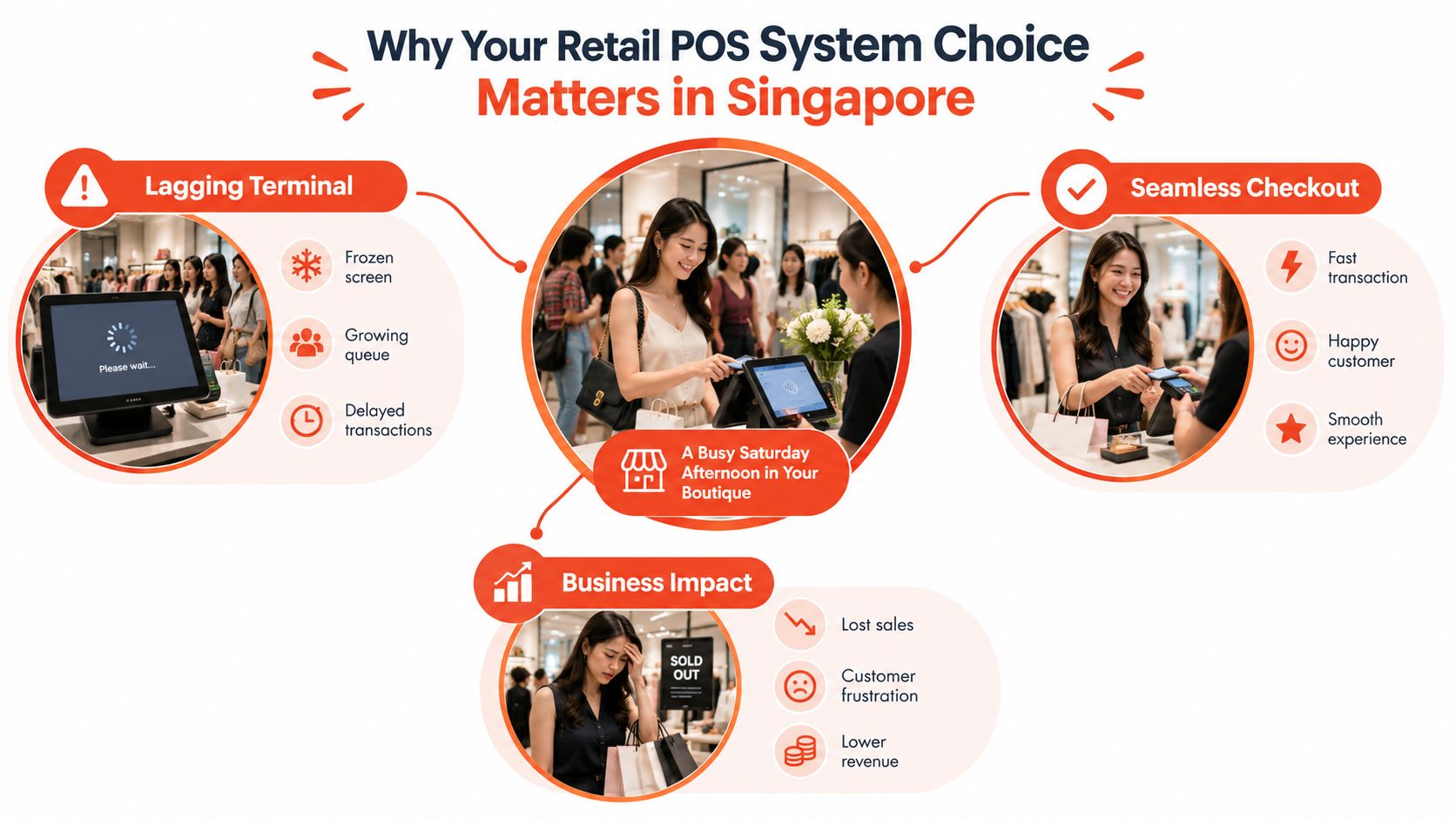 An infographic comparing the business impacts of a lagging retail POS system versus a seamless checkout experience.