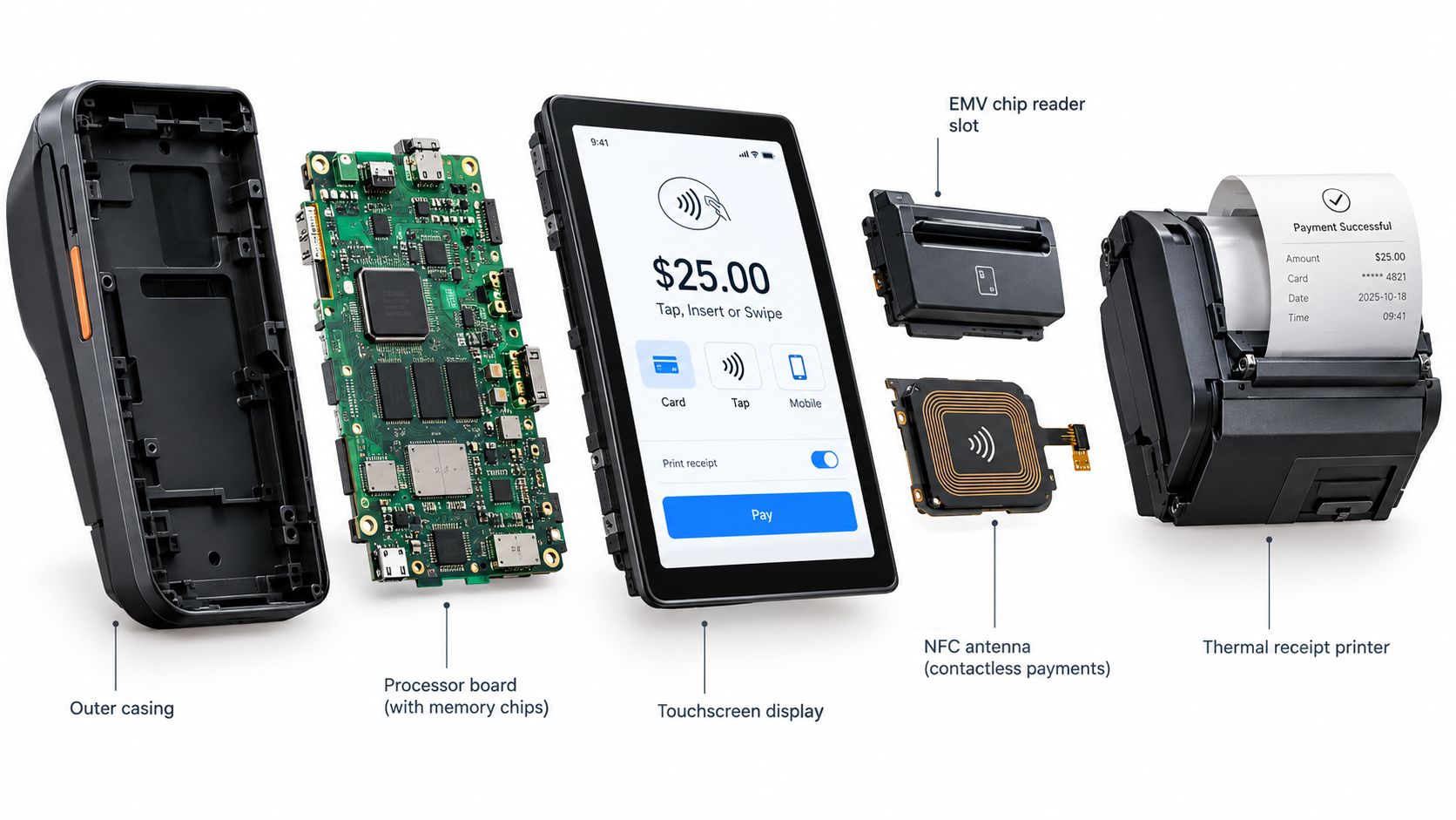 An exploded view of a handheld POS terminal showing its internal components like the processor, screen, and printer.