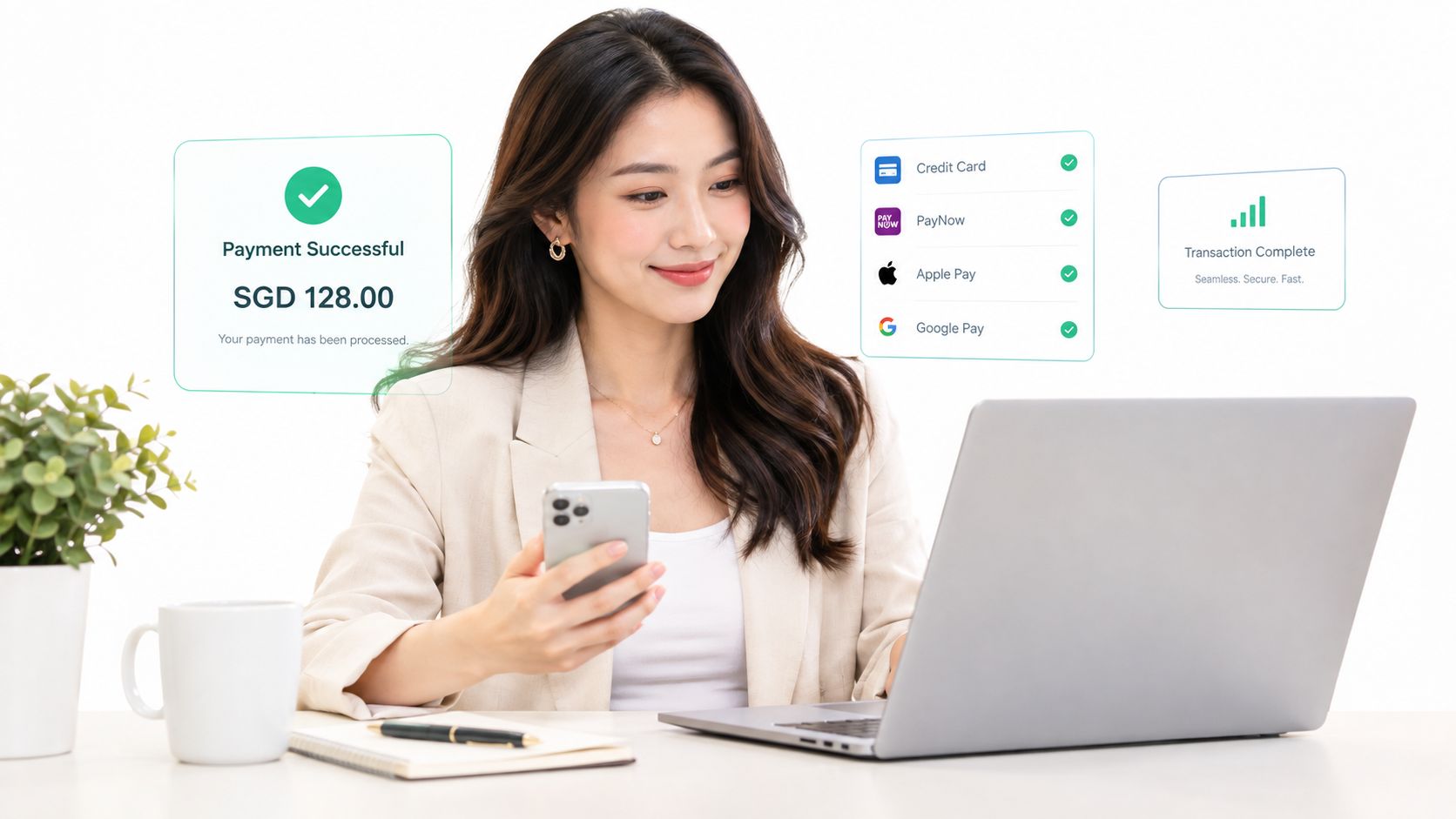 A professional woman using a smartphone and laptop to complete a successful digital payment transaction.