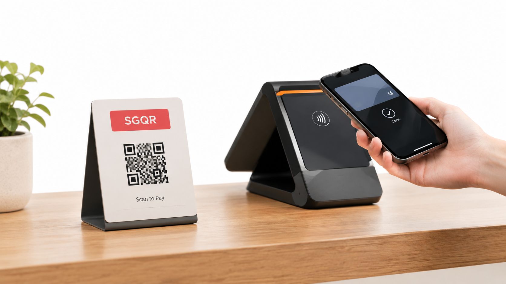 A hand holding a smartphone making a contactless payment next to an SGQR scan to pay sign.