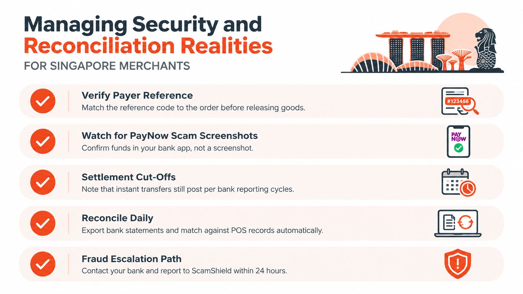 An infographic titled Managing Security and Reconciliation Realities providing advice for Singapore merchants on handling digital payments safely.