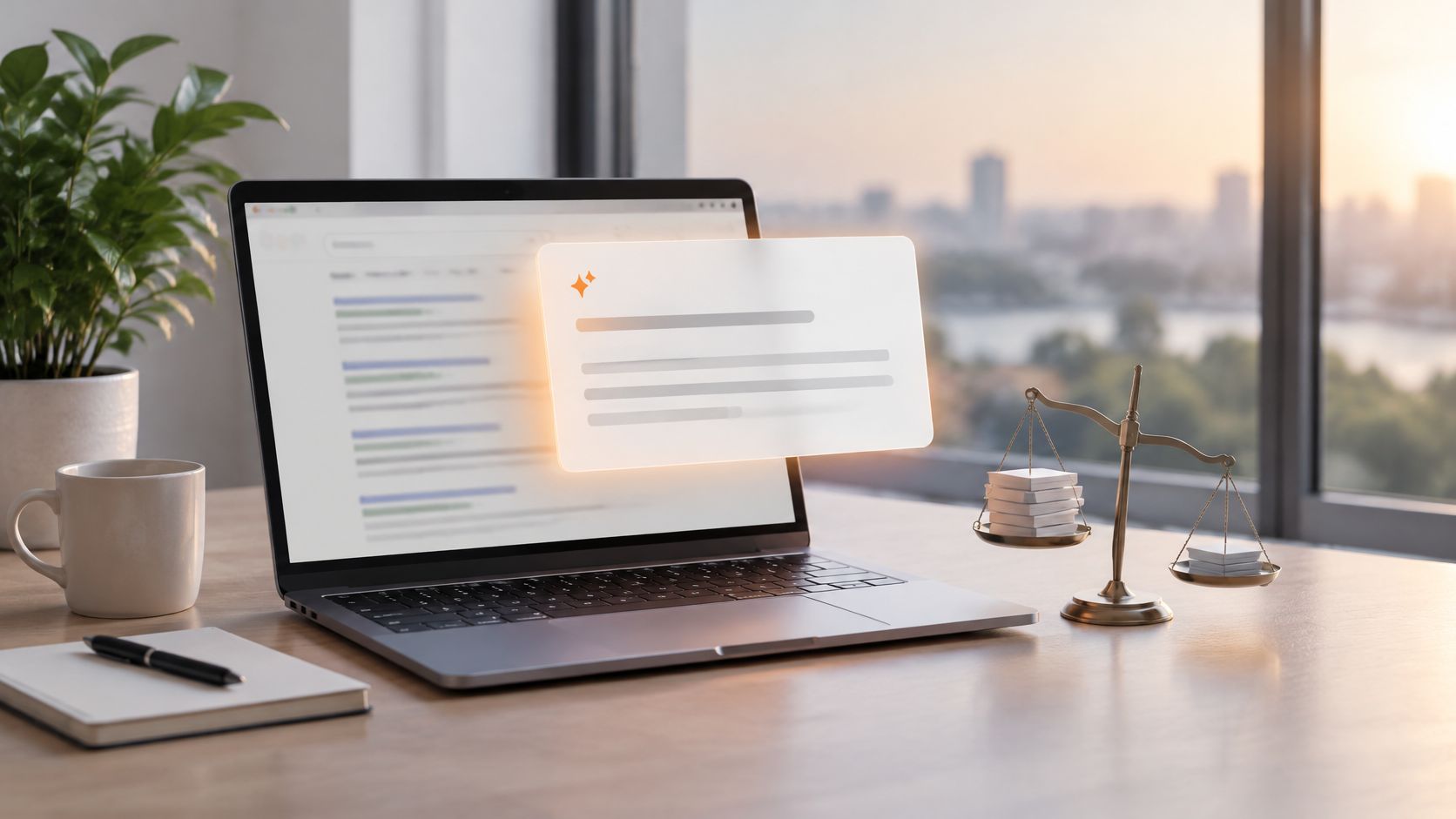 A modern office desk featuring a laptop displaying search results with a digital interface alongside legal scales.